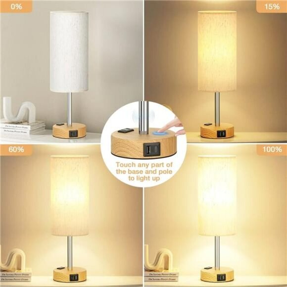 Bedside Table Lamp for Bedroom 3 Way Dimmable Touch Lamp USB C Charging Ports - Picture 3 of 6
